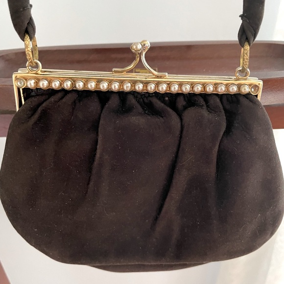 Vintage Leather School Florence Black Suede Evening Clutch lined w Tiny Pearls - Picture 1 of 9